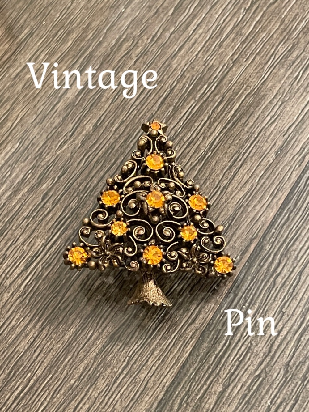 Vintage Filigree Christmas Tree Brooch Open Scrollwork Topaz Colored Rhinestones